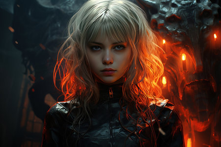 demon girl in black clothes on a red fiery background. Generative AIの素材