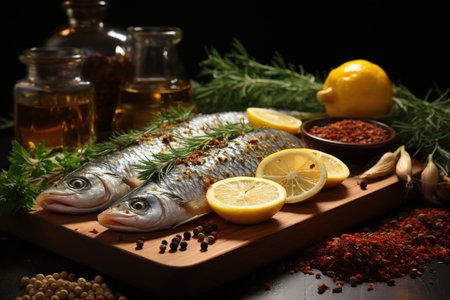 Raw fish shake. Background of straw and a board. Lemon, spices, olive oil. Generative AIの素材