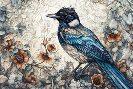 magpie on a light background in the forest, illustration
, watercolor style, Generative AIの素材