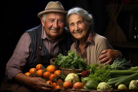 Portrait of an elderly couple in the garden with a harvest of vegetables,
  Generative AIの素材