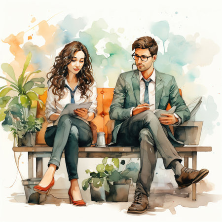 colleagues guy and girl at work, watercolor style,
  Generative AIの素材