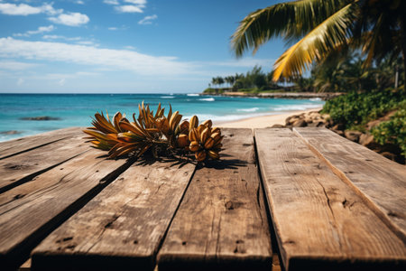 Summer tropical sea with waves, palm leaves and blue sky with clouds.  with wooden table in the foreground,
    Generative AIの素材
