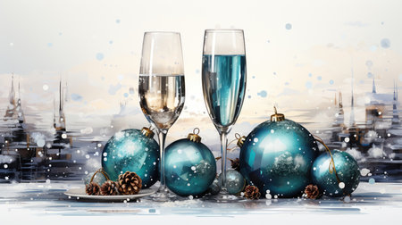 champagne glass with bottle and christmas balls, holiday feeling, watercolor on a white background
  Generative AIの素材