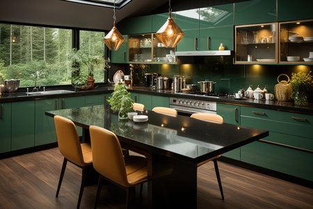 modern kitchen in green tones, Generative AIの素材