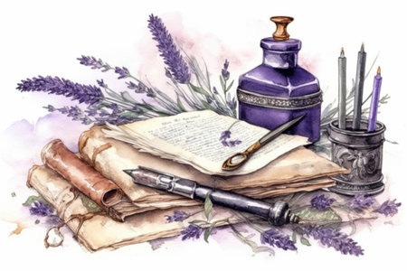 Writing utensils and lavender in retro style
, watercolor style, Generative AIの素材