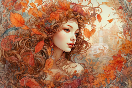 Portrait of a long-haired blonde woman with autumn leaves around, watercolor style, Generative AIの素材