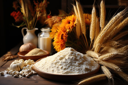 Flour, cereal, grain and ears of grain on the table.
  Generative AIの素材