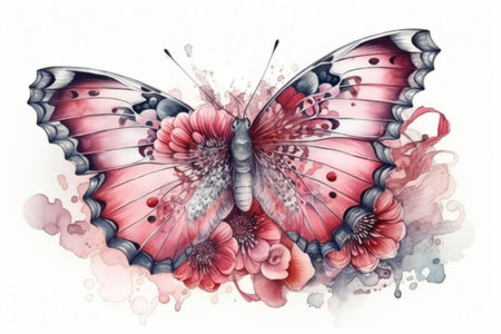 beautiful red butterfly on a flower on a white background
, watercolor style, Generative AIの素材