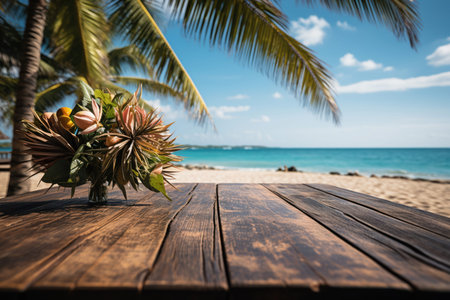 Summer tropical sea with waves, palm leaves and blue sky with clouds.  with wooden table in the foreground,
    Generative AIの素材