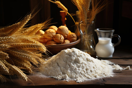 Flour, cereal, grain and ears of grain on the table.
  Generative AIの素材