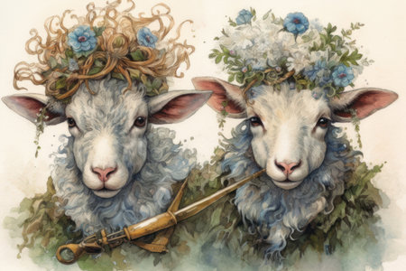 two curly sheep, cartoon style, watercolor,
Generative AIの素材
