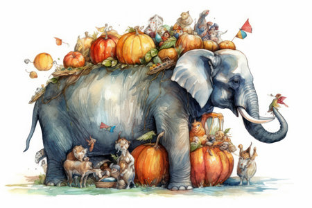 elephant and pumpkins, cartoon style, watercolor,
Generative AIの素材