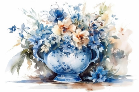 watercolor drawing, chic bouquet of blue flowers in a blue vase, vintage style, on a white background
, watercolor style, Generative AIの素材