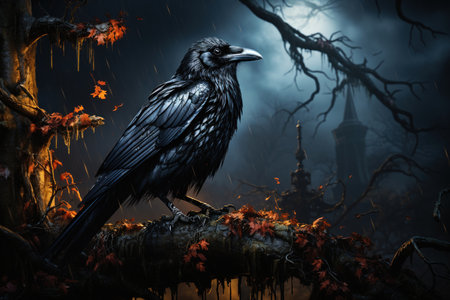 a black raven standing on a tombstone in glowy moonlight,
  Generative AIの素材