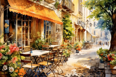 Summer street cafe, tables on the street without people, many flowers, watercolor style, Generative AIの素材