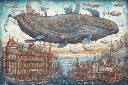Whale flying over the city, illustration, watercolor style, Generative AIの素材