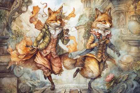 two fairy foxes playing and frolicking together, watercolor, illustration
, watercolor style, Generative AIの素材