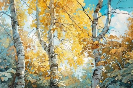 beautiful autumn landscape with birch trees against a blue sky
, watercolor style, Generative AIの素材