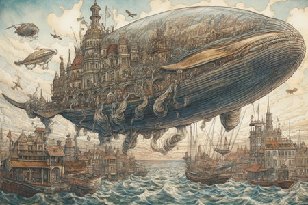 whale flying over the city, illustration
, watercolor style, Generative AIの素材