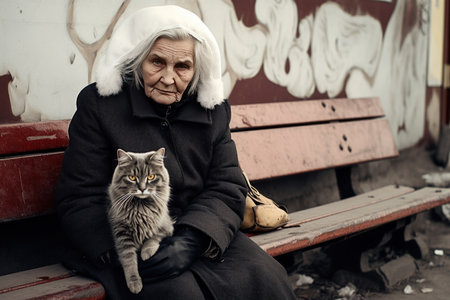 an elderly woman, a pensioner, on the street on a bench with a cat at the entrance.,
  Generative AIの素材