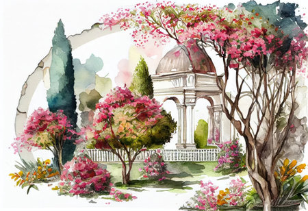 Watercolor drawing of spring park with trees and flowers, watercolor style, Generative AIjapanese painting styleの素材