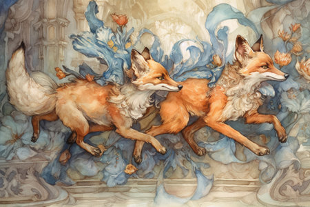 two fairy foxes playing and frolicking together, watercolor, illustration
, watercolor style, Generative AIの素材