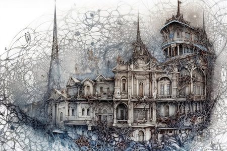 Futuristic building, ornament, illustration, watercolor style, Generative AIの素材