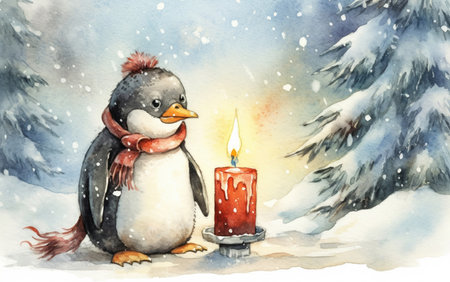 penguin in christmas watercolor, Generative AIの素材