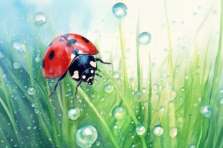 ladybug on grass and dew
, watercolor style, Generative AIの素材