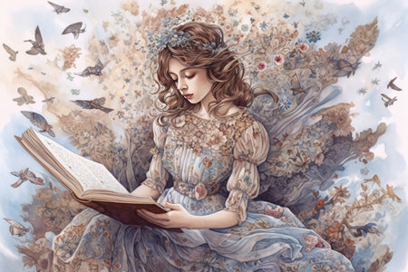 stylized picture of a woman in a dress with a book and a lot of books around
, watercolor style, Generative AIの素材