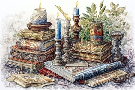 winter still life with candles and books, vintage, watercolor style, Generative AIの素材