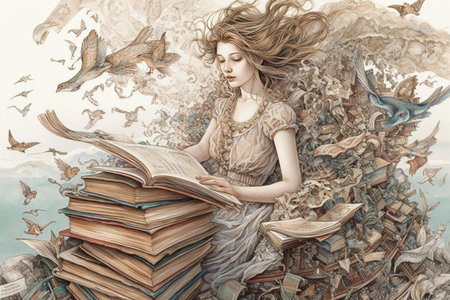 stylized picture of a woman in a dress with a book and a lot of books around
, watercolor style, Generative AIの素材
