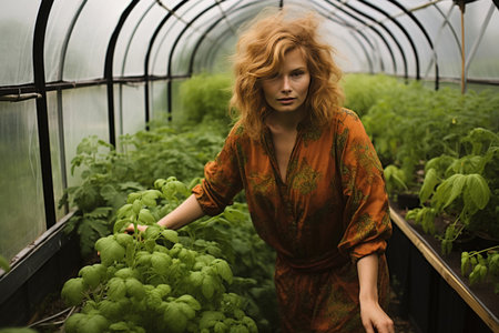 Woman in a greenhouse with seedlings,
  Generative AIの素材