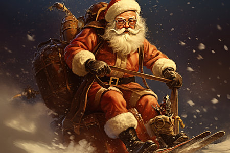 Santa on a sleigh rides down the mountain on Christmas night, Generative AIの素材