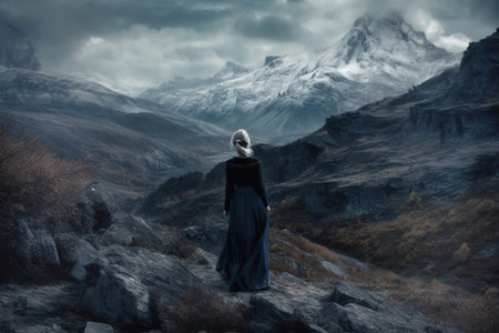 a woman in a long skirt stands with her back to the frame and looks at the mountains
  Generative AIの素材