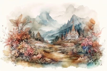 blooming mountains in spring, illustration
, watercolor style, Generative AIの素材