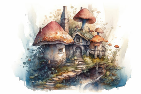 Watercolor drawing of a mushroom house with a red roof and a mushroom house on top.
, watercolor style, Generative AIの素材