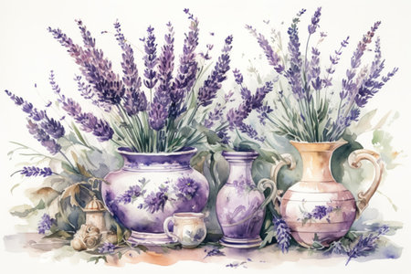 Still life with vases and lavender on a white background, watercolor, watercolor style, Generative AIの素材