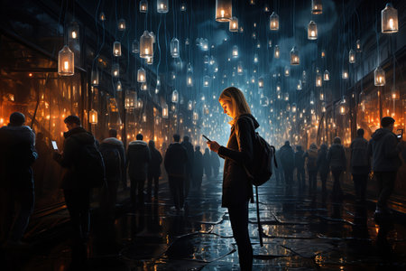 people walking down the street, everyone is looking at their phone screens, the reflection on their faces from the light of the screens, Generative AIの素材
