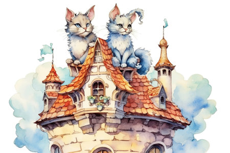 two cats sitting on the roof on a white background, watercolor cartoon style, watercolor style, Generative AIの素材