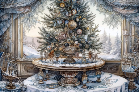 living room, ballroom with Christmas tree
, watercolor style, Generative AIの素材