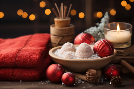 Spa composition with Christmas decoration. Holiday SPA treatment. Zen and relax concept. Generative AIの素材