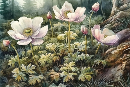 Beautiful white anemone flowers in spring in the forest near sunlight on nature
, watercolor style, Generative AIの素材