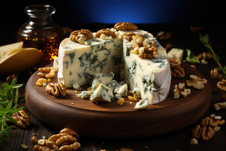 Segment of blue mold cheese - Gorgonzola with pear and walnuts on wooden board. Top view, Generative AIの素材