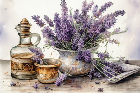 still life with lavender on a white background
, watercolor style, Generative AIの素材