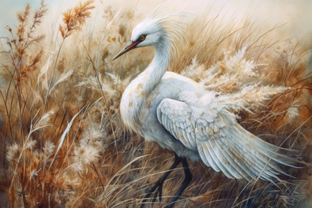 heron among the autumn grass,
  watercolor style, Generative AIの素材