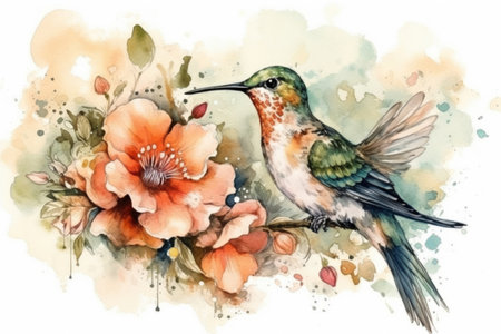 Hummingbird near a flower on a white background watercolor style, Generative AIの素材