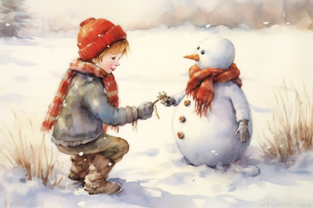 Boy and snowman. Winter postcard.
, watercolor style, Generative AIの素材