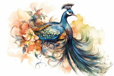 peacock and flowers on white background, illustration
, watercolor style, Generative AIの素材