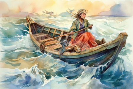 fisherwoman in a boat at sea, illustration
, watercolor style, Generative AIの素材